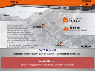 OVIT TUNNEL
Location: Northeastern part of Turkey Completion year: 2017
World Record
The 2nd longest twin tube road tunnel in the world
 