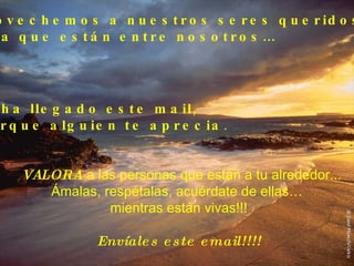 Aprovechemos a nuestros seres queridos,  ahora que están entre nosotros… VALORA   a las personas que están a tu alrededor... Ámalas, respétalas, acuérdate de ellas…  mientras están vivas!!! Envíales este email!!!! Si te ha llegado este mail,  es porque alguien te aprecia . 