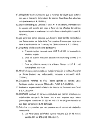 6



51. El legislador Carlos Armas dijo que la matanza de Cayalti pudo evitarse
   por que el despacho del ministro del interior Gino Costa fue advertido
   anticipadamente (L.R. 17/01/03).
52. El general Rodríguez Colchao 31 años N° 1 en artillería, manifestó que
   lo sacaron del ejército por votar a favor de los oficiales del ejército
   injustamente presos en el caso Leonor La Rosa quien fingió tortura (L.R.
   19/01/03).
53. Los generales Carlos palacios, Luís Spicer y José Garrido manifestaron
   que fueron dados de baja de la Fuerza Aérea Peruana por negarse a
   tapar el escándalo de los Tucanos y los Cholocopteros (L.R. 21/01/03).
54. Despilfarro en el Banco Central de Reserva:
      a. El sueldo mínimo mensual es de US $ 2 mil 596 correspondiente
          a Lebrun Magde.
      b. Entre los sueldos más altos está el de Choy Chong con US $ 10
          mil 400.
      c. Entre los jubilados corresponde a Suarez Chávez con US $ 11 mil
          901 (Expreso 25/01/03).
55. Ministro Ayzanoa denunciado por malos manejos en el Instituto Nacional
   de Becas (Inabec) por malversación, peculado y corrupción (L.R.
   03/02/03).
56. Congresista Yanarico de Perú Posible (partido de Toledo) ubicó
   familiares en altos cargos de ESSALUD – PUNO (L.R. 23/02/03).
57. Anchorena responsabilizó a Toledo del despojo de Panamericana Canal
   5 (L.R. 25/02/03)
58. ESSALUD mantuvo en cargos a ejecutivos que habrían engañado en
   adjudicación, otorgando la buena pro a una empresa cuya oferta
   (servicios) era superior en S/. 223 mil (US $ 79 mil 643) con respecto al
   que debió ser ganador (L. R. 25/02/03).
59. Entre los congresistas que más ganaron en el periodo de Alejandro
   Toledo está:
      a. Luís Alva Castro del Partido Aprista Peruano que en 18 meses
          sacó S/. 307 mil 473 (US $ 109 mil 812).
 