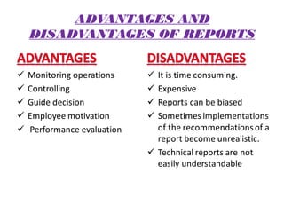 ADVANTAGES AND
DISADVANTAGES OF REPORTS
 Monitoring operations
 Controlling
 Guide decision
 Employee motivation
 Performance evaluation
 It is time consuming.
 Expensive
 Reports can be biased
 Sometimes implementations
of the recommendationsof a
report become unrealistic.
 Technical reports are not
easily understandable
 