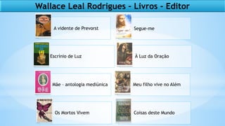 38
Wallace Leal Rodrigues – Livros - Editor
A vidente de Prevorst Segue-me
Escrínio de Luz À Luz da Oração
Mãe – antologia mediúnica Meu filho vive no Além
Os Mortos Vivem Coisas deste Mundo
 