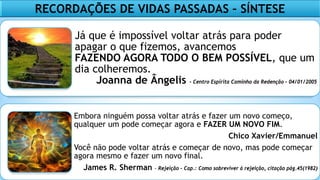 Já que é impossível voltar atrás para poder
apagar o que fizemos, avancemos
FAZENDO AGORA TODO O BEM POSSÍVEL, que um
dia colheremos.
Joanna de Ângelis - Centro Espírita Caminho da Redenção – 04/01/2005
Embora ninguém possa voltar atrás e fazer um novo começo,
qualquer um pode começar agora e FAZER UM NOVO FIM.
Chico Xavier/Emmanuel
Você não pode voltar atrás e começar de novo, mas pode começar
agora mesmo e fazer um novo final.
James R. Sherman - Rejeição – Cap.: Como sobreviver à rejeição, citação pág.45(1982)
RECORDAÇÕES DE VIDAS PASSADAS – SÍNTESE
 