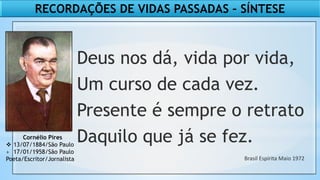 Deus nos dá, vida por vida,
Um curso de cada vez.
Presente é sempre o retrato
Daquilo que já se fez.
Cornélio Pires
 13/07/1884/São Paulo
+ 17/01/1958/São Paulo
Poeta/Escritor/Jornalista Brasil Espírita Maio 1972
RECORDAÇÕES DE VIDAS PASSADAS – SÍNTESE
 
