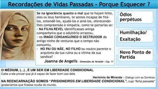 Recordações de Vidas Passadas - Porque Esquecer ?
Se na ignorância quanto o mal que te hajam feito,
eles os teus familiares, te sentes incapaz de fitá-
los, entendê-los, ajudá-los e amá-los, oferecendo-
lhes compreensão e simpatia, como te portarias se:
- NA FILHA REVEL identificasses antiga
companheira que o adultério arrastou,
- no IRMÃO CONSANGUÍNEO O DESTRUIDOR do
antigo ninho de venturas que o tempo não
consumiu,
- NO PAI OU MÃE, NO FILHO ou noutro parente o
arquiteto da tua ruína ou a vítima da sua
sandice?
Joanna de Angelis - Dimensões da Verdade – Cap. 11
O MÉDIUM, (...) , É UM SER EM LIBERDADE CONDICIONAL.
Cabe a ele provar que já é capaz de fazer bom uso dela.
Hermínio de Miranda – Diálogo com as Sombras
NA REENCARNAÇÃO SOMOS “PRISIONEIROS EM LIBERDADE CONDICIONAL”, cuja “ficha passada”
gostaríamos que ficasse oculta do mundo.
Ódios
perpétuos
Humilhação/
Exaltação
Novo Ponto de
Partida
 