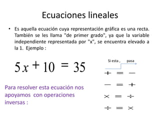 Ecuaciones lineales
 • Es aquella ecuación cuya representación gráfica es una recta.
   También se les llama "de primer grado", ya que la variable
   independiente representada por "x", se encuentra elevado a
   la 1. Ejemplo :

                                             Si esta ,   pasa

   5 x 10                    35
Para resolver esta ecuación nos
apoyamos con operaciones
inversas :
 