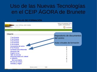 Uso de las Nuevas Tecnologías
en el CEIP ÁGORA de Brunete
AULAS DE FORMACIÓN
Repositorio de documentos
del centro
Aulas virtuales de formación
 