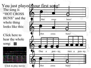 You just played your first song!
The song is
“HOT CROSS
BUNS” and the           Hot       cross        buns!
whole thing
looks like this:
                        Hot       cross        buns!
Click here to
hear the whole
song:

                       One    a    pen - ny,     two a   pen- ny,




 Click to play movie   Hot        cross        buns!
 
