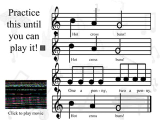 Practice
this until
 you can               Hot       cross        buns!


 play it!
                       Hot       cross        buns!




                      One    a    pen - ny,     two a   pen- ny,




Click to play movie
                      Hot        cross        buns!
 
