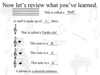 Now let’s review what you’ve learned.
                                             Staff
                           This is called a _______

    A staff is made up of _____ lines.
                            5


         This is called a Treble clef
                          __________


                This note is a _____
                                B

                This note is a _____
                                A


                 This note is a _____
                                 G

     A phrase is ________________
                 a musical sentence
 