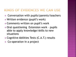  Conversation with pupils/parents/teachers
 Written evidence (pupil’s work)
 Comments written on pupil’s work
 Oral questioning Extension work – pupils
able to apply knowledge/skills to new
situations
 Cognitive Abilities Tests (C.A.T.) results
 Co-operation in a project
 