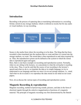 Recording & Reproduction System
K.J.SOMAIYA POLYTECHNIC
3
Introduction
Recording is the process of capturing data or translating information to a recording
format, stored on any storage medium, which is referred as record, but for any audio
or visual medium, we say recording.
Source is the media from where the recording is to be done. The thing that has been
recorded is then translated into the medium that we want and then it is stored into the
storage medium, we want. The stored data is then reproduced as and when required by
us. Thus, the reproduction system can be defined as the system to which the stored
data is reproduced again and again.
Here, there is one basic example on recording and reproduction system. Normally,
when we are sitting in the lectures, we concentrate to what the sir/teacher is teaching
in the class. Thus, it can be said that the source of our recording is the lecturer’s
speech and what we do is, we translate the data or in simple language we try to
understand in our language and then we store it in on our storage medium, i.e., mind.
And what we do in exams is we reproduce the data stored in our mind on our exam
papers.
Now, let us discuss the various types of recording and reproduction system.
Magnetic Recording & reproduction
Magnetic recording, method of preserving sounds, pictures, and data in the form of
electrical signals through the selective magnetization of portions of a magnetic
material. The principle of magnetic recording was first demonstrated by the Danish
Source
Translating
Data Storage Reproduction
 