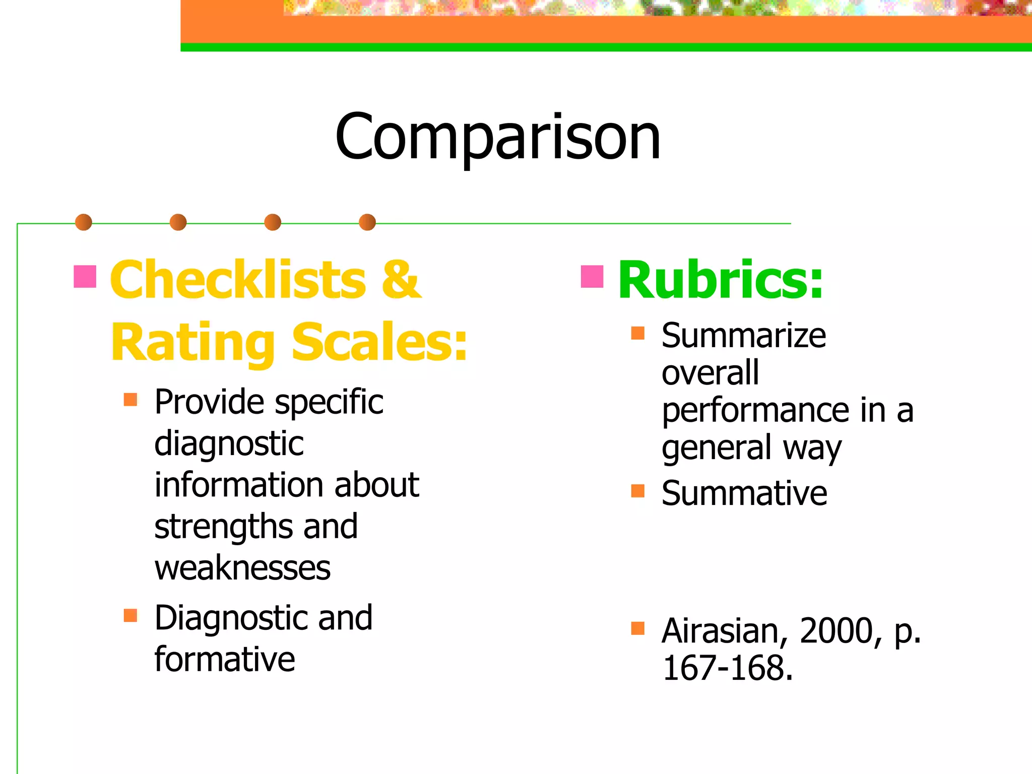 Comparison Checklists & Rating Scales: Provide specific diagnostic information about  strengths and weaknesses Diagnostic and formative Rubrics: Summarize overall performance in a general way Summative Airasian, 2000, p. 167-168. 