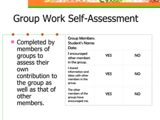 Group Work Self-Assessment  Completed by members of groups to assess their own contribution to the group as well as that of other members. Group Members: Student’s Name: Date: I  encouraged other members in the group. YES NO I shared information and ideas with other members in the group. YES NO The other members of the groups have encouraged me. YES NO 