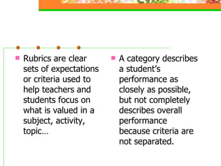 Rubrics are clear sets of expectations or criteria used to help teachers and students focus on what is valued in a subject, activity, topic… A category describes a student’s performance as closely as possible, but not completely describes overall performance because criteria are not separated. 