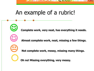 An example of a rubric!    Complete work, very neat, has everything it needs.    Almost complete work, neat, missing a few things.         Not complete work, messy, missing many things.      Oh no! Missing everything, very messy.  