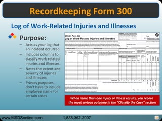 17
Recordkeeping Form 300Recordkeeping Form 300
Log of Work-Related Injuries and Illnesses
Purpose:
– Acts as your log that
an incident occurred
– Includes columns to
classify work-related
injuries and illnesses
– Notes the extent and
severity of injuries
and illnesses
– Privacy purposes,
don’t have to include
employee name for
certain cases
When more than one injury or illness results, you record
the most serious outcome in the “Classify the Case” section
www.MSDSonline.com 1.888.362.2007
 