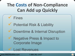 42
The Costs of Non-Compliance
Can Add up Quickly
 Fines
 Potential Risk & Liability
 Downtime & Internal Disruption
 Negative Press & Impact to
Corporate Image
 Lost Revenues
www.MSDSonline.com 1.888.362.2007
 