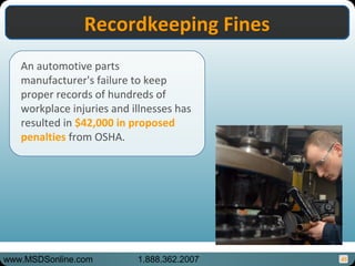 45
An automotive parts
manufacturer's failure to keep
proper records of hundreds of
workplace injuries and illnesses has
resulted in $42,000 in proposed
penalties from OSHA.
Recordkeeping FinesRecordkeeping Fines
www.MSDSonline.com 1.888.362.2007
 