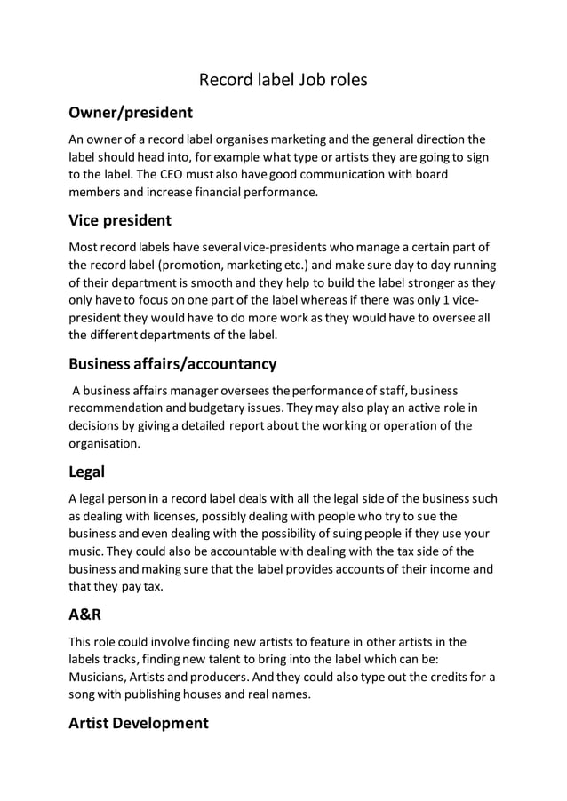 Record label job roles PDF