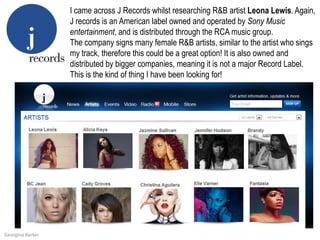 I came across J Records whilst researching R&B artist Leona Lewis. Again, J records is an American label owned and operated by Sony Music entertainment, and is distributed through the RCA music group. The company signs many female R&B artists, similar to the artist who sings my track, therefore this could be a great option! It is also owned and distributed by bigger companies, meaning it is not a major Record Label. This is the kind of thing I have been looking for!Georgina Barker