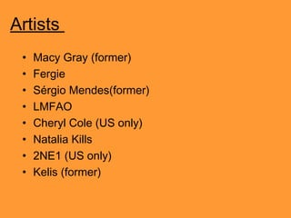 Artists
•
•
•
•
•
•
•
•

Macy Gray (former)
Fergie
Sérgio Mendes(former)
LMFAO
Cheryl Cole (US only)
Natalia Kills
2NE1 (US only)
Kelis (former)

 