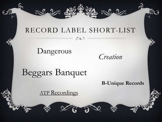 Record Label Short-listDangerousCreationBeggars BanquetB-Unique Records ATP Recordings