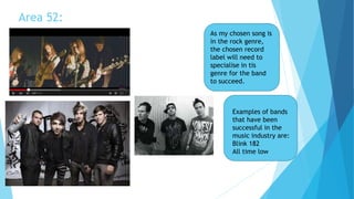 Area 52:
As my chosen song is
in the rock genre,
the chosen record
label will need to
specialise in tis
genre for the band
to succeed.
Examples of bands
that have been
successful in the
music industry are:
Blink 182
All time low
 