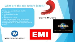 What are the top record labels?
The top four record labels in the UK:
• Sony BMG
• Universal Music Group
• EMI
• Warner Music Group
These big four labels/major record labels
represent the majority of the music sold,
making up as much as 75% of the music market
or more.
 