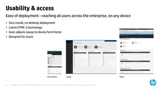 © Copyright 2013 Hewlett-Packard Development Company, L.P. The information contained herein is subject to change without notice.24
Ease of deployment - reaching all users across the enterprise, on any device
Usability & access
• Zero install, no desktop deployment
• Latest HTML 5 technology
• Auto-adjusts layout to device form factor
• Designed for touch
Laptop TabletSmart Phone
 