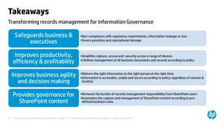© Copyright 2013 Hewlett-Packard Development Company, L.P. The information contained herein is subject to change without notice.35
Transforming records management for Information Governance
Takeaways
•Non-compliance with regulatory requirements, information leakage or loss
•Severe penalties and reputational damage
Safeguards business &
executives
•Simplifies capture, access and security across a range of devices
•Lifetime management of all business documents and records according to policy
Improves productivity,
efficiency & profitability
•Delivers the right information to the right person at the right time.
•Information is accessible, usable and secure according to policy regardless of volume &
location
Improves business agility
and decision making
•Removes the burden of records management responsibility from SharePoint users
•Automates the capture and management of SharePoint content according to pre-
defined business rules
Provides governance for
SharePoint content
 