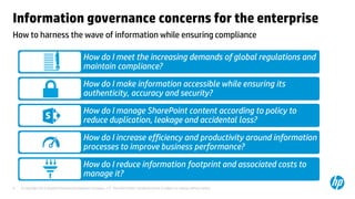 © Copyright 2013 Hewlett-Packard Development Company, L.P. The information contained herein is subject to change without notice.9
How to harness the wave of information while ensuring compliance
Information governance concerns for the enterprise
How do I meet the increasing demands of global regulations and
maintain compliance?
How do I make information accessible while ensuring its
authenticity, accuracy and security?
How do I manage SharePoint content according to policy to
reduce duplication, leakage and accidental loss?
How do I increase efficiency and productivity around information
processes to improve business performance?
How do I reduce information footprint and associated costs to
manage it?
 