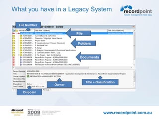 What you have in a Legacy System

  File Number

                        File

                         Folders


                          Documents




                               Title + Classification
                Owner

    Disposal
 