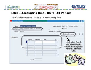 Setup – Accounting Rule – Daily / All Periods
  NAV: Receivables -> Setup -> Accounting Rule
 