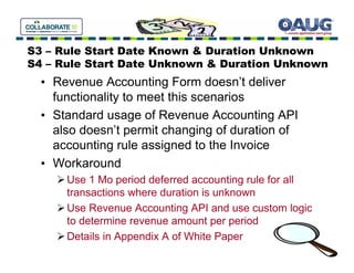 S3 – Rule Start Date Known & Duration Unknown
S4 – Rule Start Date Unknown & Duration Unknown
  • Revenue Accounting Form doesn’t deliver
    functionality to meet this scenarios
  • Standard usage of Revenue Accounting API
    also doesn’t permit changing of duration of
    accounting rule assigned to the Invoice
  • Workaround
      Use 1 Mo period deferred accounting rule for all
      transactions where duration is unknown
      Use Revenue Accounting API and use custom logic
      to determine revenue amount per period
      Details in Appendix A of White Paper
 