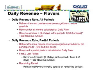 Daily Revenue – Flavors
• Daily Revenue Rate, All Periods
      • Delivers the most precise revenue recognition schedule
        possible
      • Revenue for all months calculated at Daily Rate
      • Revenue Amount = [# of days in the period / Total # of days] *
        Total Revenue Amount
• Daily Revenue Rate, Partial Periods
      • Delivers the most precise revenue recognition schedule for the
        partial periods – first and last period
      • Revenue for partial periods calculated at Daily Rate
      • First & Last Period:
          – Revenue Amount = [# of days in the period / Total # of
            days] * Total Revenue Amount
      • Remaining Period:
          – Remaining Revenue evenly spread on remaining periods
 
