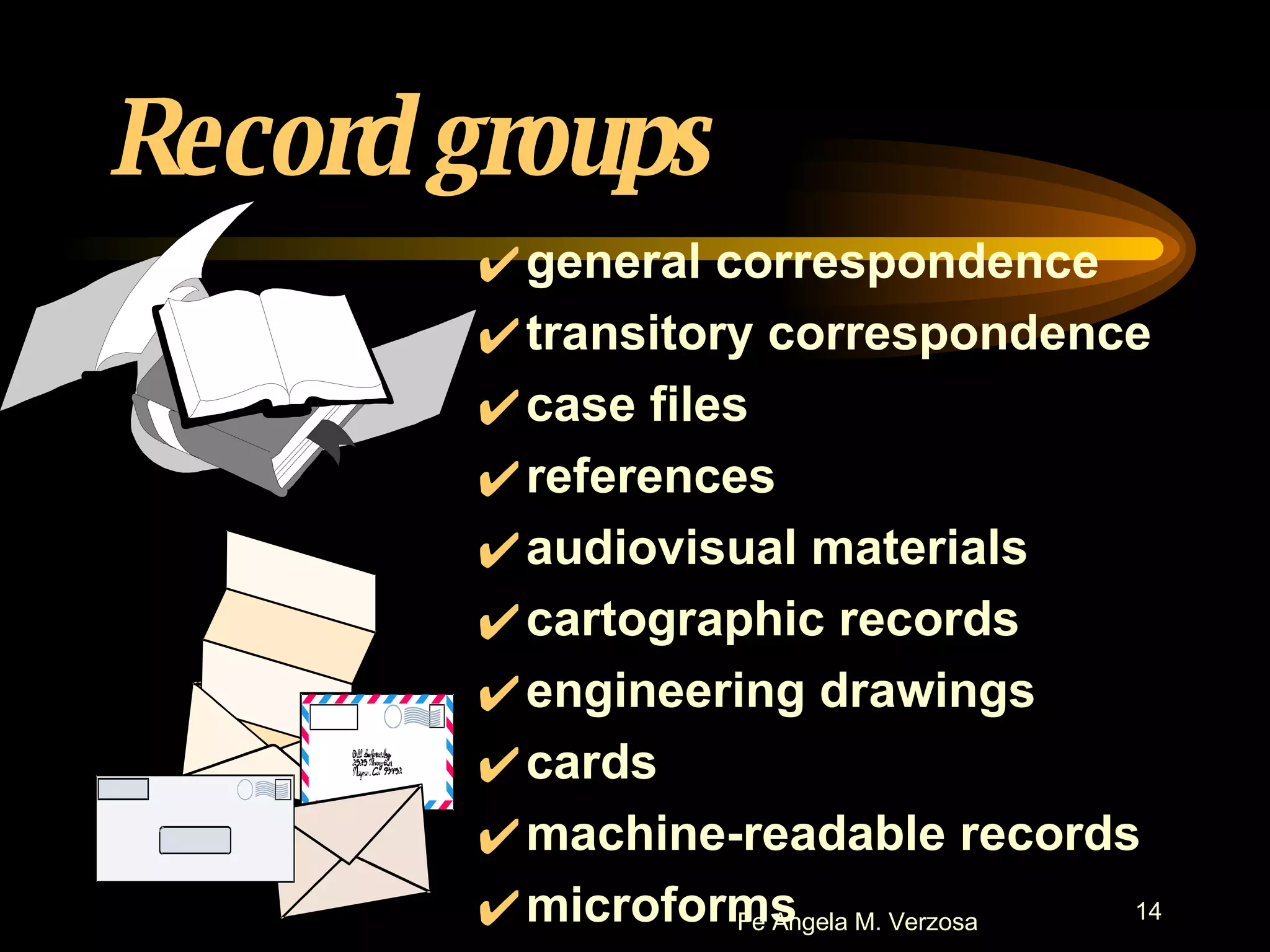 Record groups general correspondence transitory correspondence case files references audiovisual materials cartographic records engineering drawings cards machine-readable records microforms 
