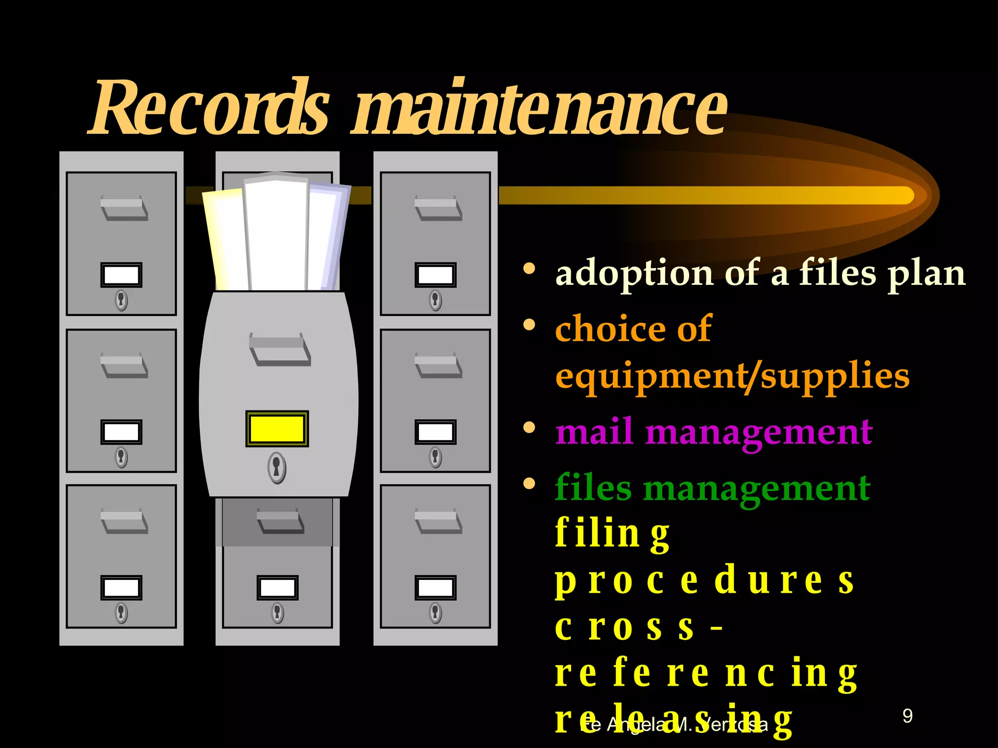 Records maintenance adoption of a files plan choice of equipment/supplies mail management files management filing procedures cross-referencing releasing checking sorting 