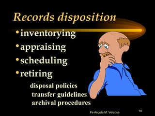 Records disposition inventorying  appraising  scheduling retiring   disposal policies  transfer guidelines  archival procedures 