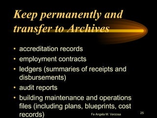 Keep permanently and transfer to Archives accreditation records employment contracts ledgers (summaries of receipts and disbursements) audit reports building maintenance and operations files (including plans, blueprints, cost records) 