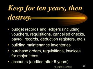 Keep for ten years, then destroy. budget records and ledgers (including vouchers, requisitions, cancelled checks, payroll records, deduction registers, etc.) building maintenance inventories purchase orders, requisitions, invoices for major items accounts (audited after 5 years) 