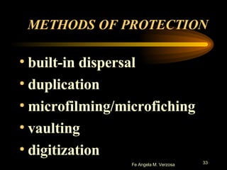 METHODS OF PROTECTION built-in dispersal duplication microfilming/microfiching vaulting digitization 