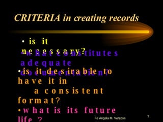 CRITERIA in creating records is it necessary? what constitutes adequate   documentation? is it desirable to have it in a consistent format ? what is its future life  ? what is the best way to store  and retrieve it? 
