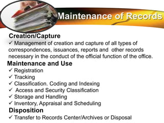 LOGO
Maintenance of Records
Creation/Capture
 Management of creation and capture of all types of
correspondences, issuances, reports and other records
necessary in the conduct of the official function of the office.
Maintenance and Use
 Registration
 Tracking
 Classification. Coding and Indexing
 Access and Security Classification
 Storage and Handling
 Inventory, Appraisal and Scheduling
Disposition
 Transfer to Records Center/Archives or Disposal
 