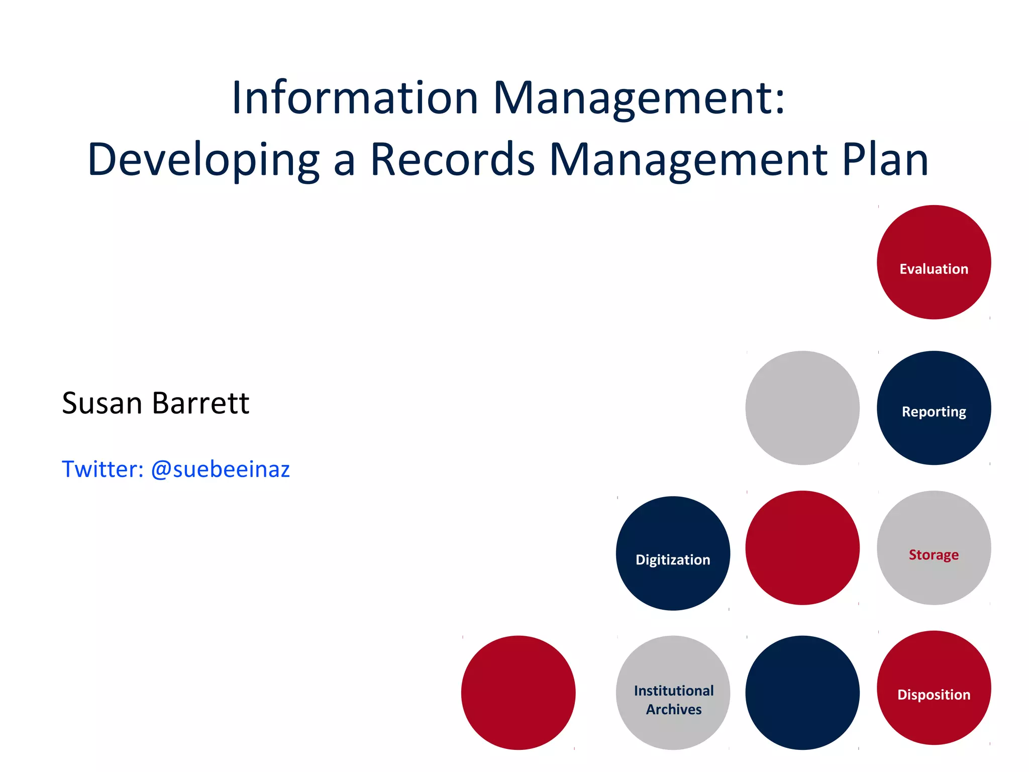 Evaluation
Reporting
StorageDigitization
DispositionInstitutional
Archives
Information Management:
Developing a Records Management Plan
Susan Barrett
Twitter: @suebeeinaz
 