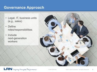 Governance Approach

• Legal, IT, business units
  (e.g., sales)
• Define
  roles/responsibilities

• Include
  next-generation
  workers




                    4
                              CONFIDENTIAL   ©2012 LRN Corporation. All Rights Reserved.   4
 