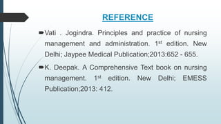 REFERENCE
Vati . Jogindra. Principles and practice of nursing
management and administration. 1st edition. New
Delhi; Jaypee Medical Publication;2013:652 - 655.
K. Deepak. A Comprehensive Text book on nursing
management. 1st edition. New Delhi; EMESS
Publication;2013: 412.
 
