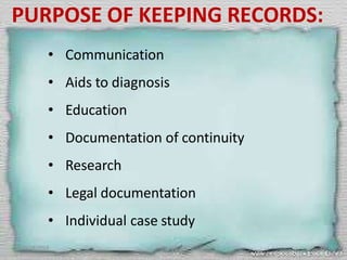 • Communication
• Aids to diagnosis
• Education
• Documentation of continuity
• Research
• Legal documentation
• Individual case study
10/24/2013 ANU JAMES 21
PURPOSE OF KEEPING RECORDS:
 