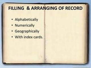 FILLING & ARRANGING OF RECORD
10/24/2013 ANU JAMES 32
• Alphabetically
• Numerically
• Geographically
• With index cards.
 