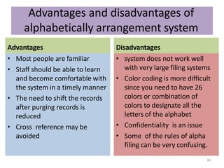 Advantages and disadvantages of
alphabetically arrangement system
• Most people are familiar
• Staff should be able to learn
and become comfortable with
the system in a timely manner
• The need to shift the records
after purging records is
reduced
• Cross reference may be
avoided
Advantages Disadvantages
• system does not work well
with very large filing systems
• Color coding is more difficult
since you need to have 26
colors or combination of
colors to designate all the
letters of the alphabet
• Confidentiality is an issue
• Some of the rules of alpha
filing can be very confusing.
34
 
