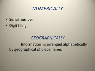 NUMERICALLY
10/24/2013 35
• Serial number
• Digit filing
GEOGRAPHICALLY
Information is arranged alphabetically
by geographical of place name.
 